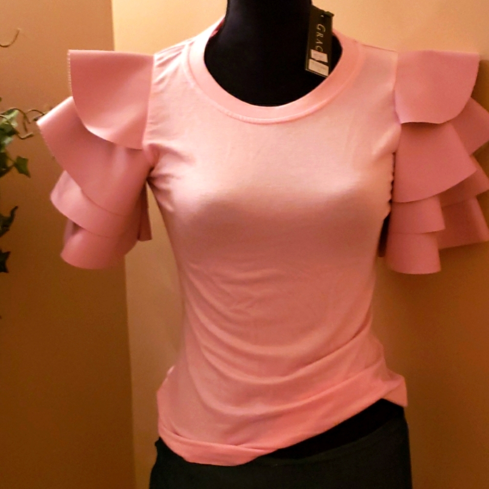 Faux leather sleeve pink top